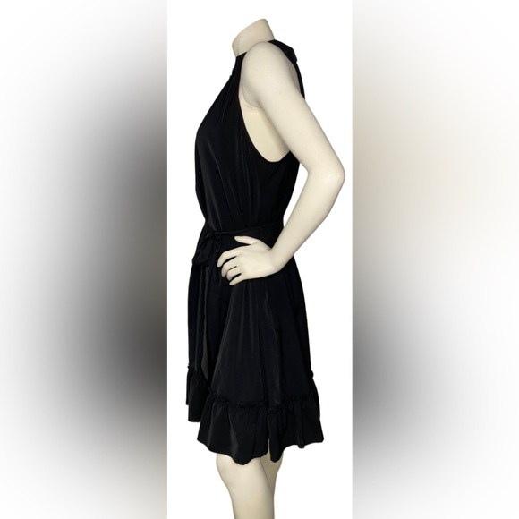 KIRUNDO Black Silk Satin Button Down Sleeveless Ruffle Halter Dress, XL - Picture 5 of 9